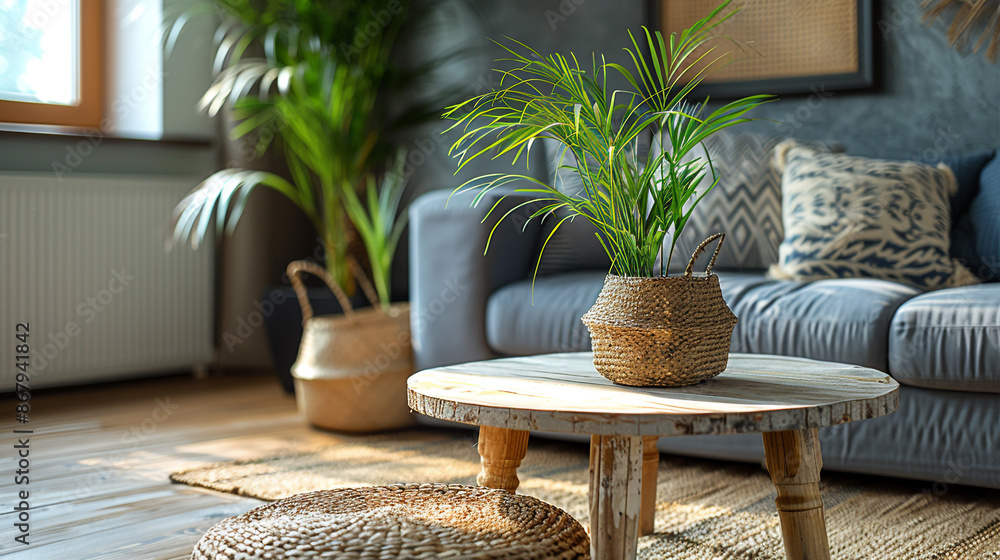 Fototapeta premium Photo of a Cozy Living Room Vignette Wooden Coffee Table with Houseplant and Wicker Basket Near Grey Sofa
