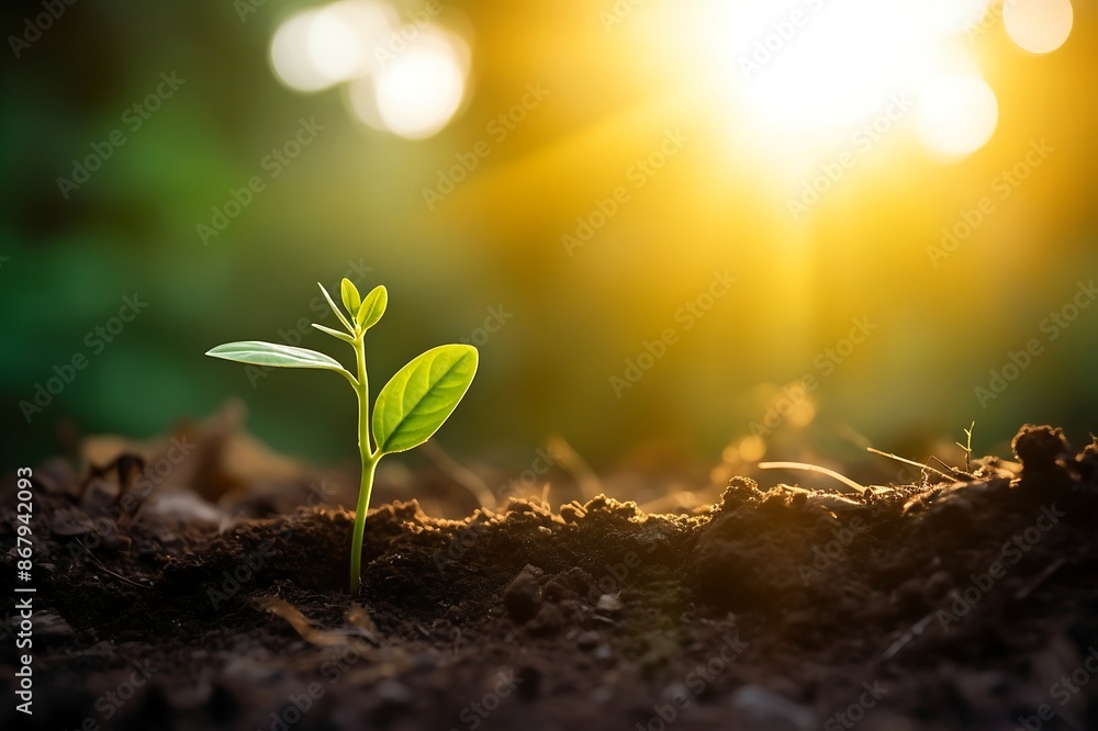 Green sprout growing from seed in the morning light. Green sprout growing from seed in the morning light.