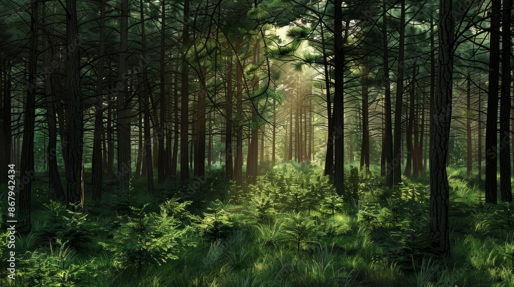 Misty Morning in a Green Pine Forest Misty Morning in a Green Pine Forest