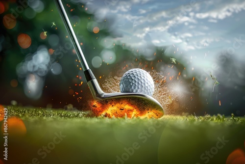 Dynamic impact: most powerful speed shot in golf, image of ball captures moment of explosive power, precision as ball rockets off face of club, showcasing exceptional power, skill of athlete