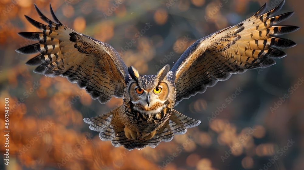 Obraz premium A large owl is flying through the air with its wings spread wide. The image has a sense of freedom and grace, as the owl soars through the sky