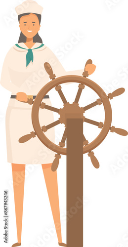Smiling sailor woman holding steering wheel, navigating vessel on water