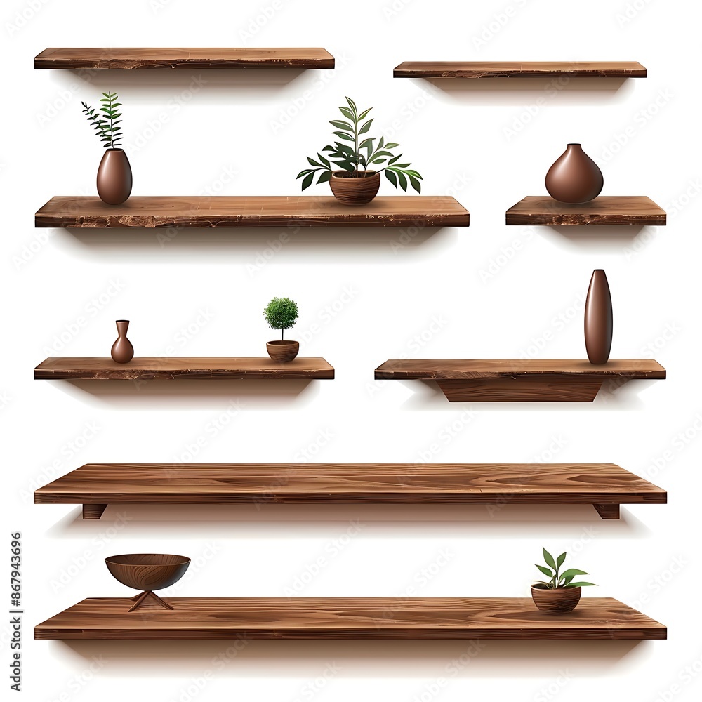 a collection of wooden shelves isolated on white background a collection of wooden shelves isolated on white background