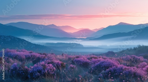 A beautiful mountain landscape with a purple sky. The mountains are covered in purple flowers. The sky is a mix of pink and blue