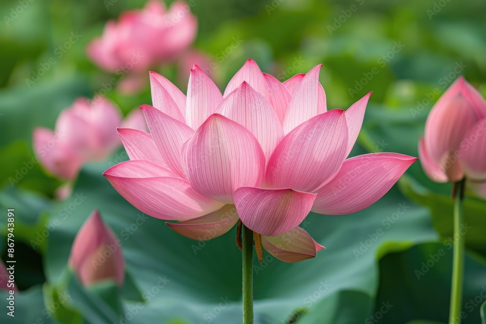 A pink flower with a green stem is the main focus of the image. The flower is surrounded by other pink flowers, creating a beautiful and serene scene. Scene is peaceful and calming A pink flower with a green stem is the main focus of the image. The flower is surrounded by other pink flowers, creating a beautiful and serene scene. Scene is peaceful and calming