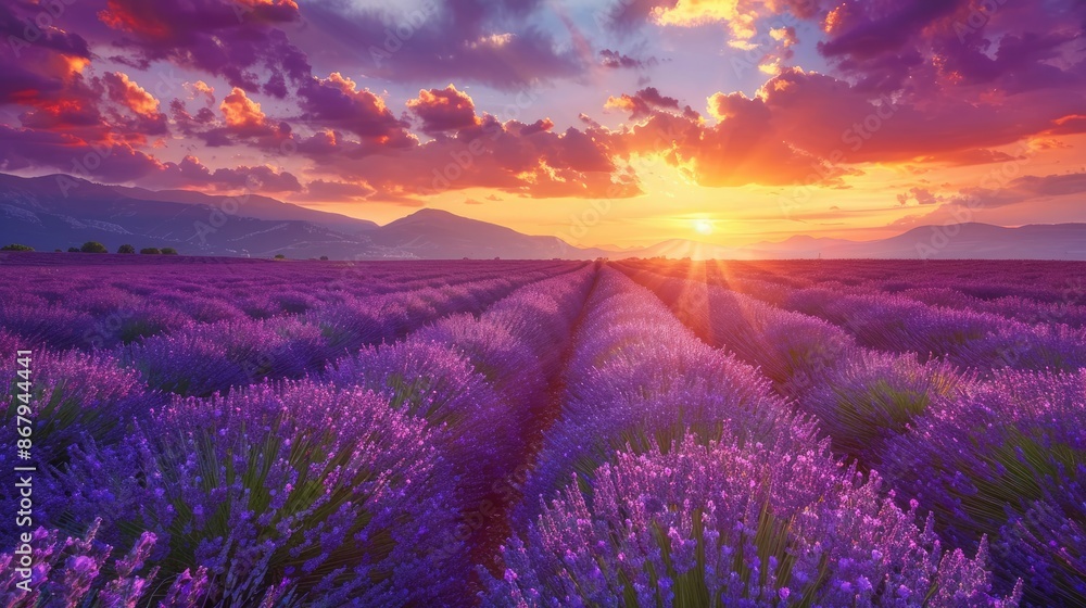 A field of lavender with a beautiful sunset in the background. The sky is filled with clouds and the sun is setting, creating a warm and peaceful atmosphere A field of lavender with a beautiful sunset in the background. The sky is filled with clouds and the sun is setting, creating a warm and peaceful atmosphere