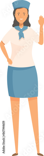 Female flight attendant in uniform waving hand while standing on white background