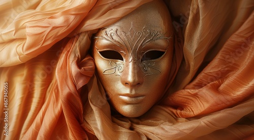 Golden Venetian Mask Wrapped in Peach Silk Fabric