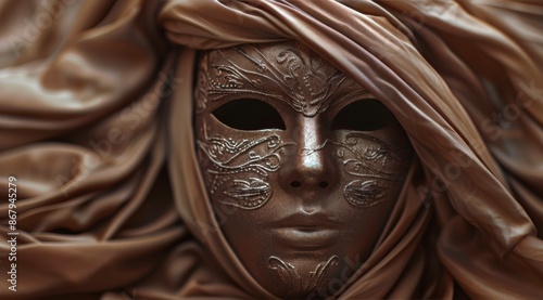 Golden Venetian Mask Wrapped in Peach Silk Fabric