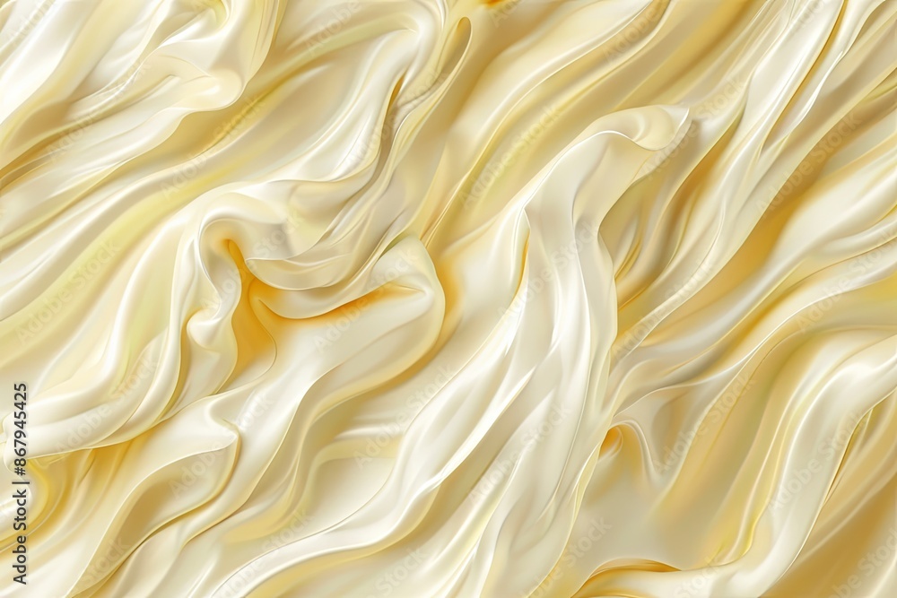 A close-up photograph showcasing the smooth, silky texture of a creamy yellow satin fabric, draped in soft waves. Generative AI A close-up photograph showcasing the smooth, silky texture of a creamy yellow satin fabric, draped in soft waves. Generative AI