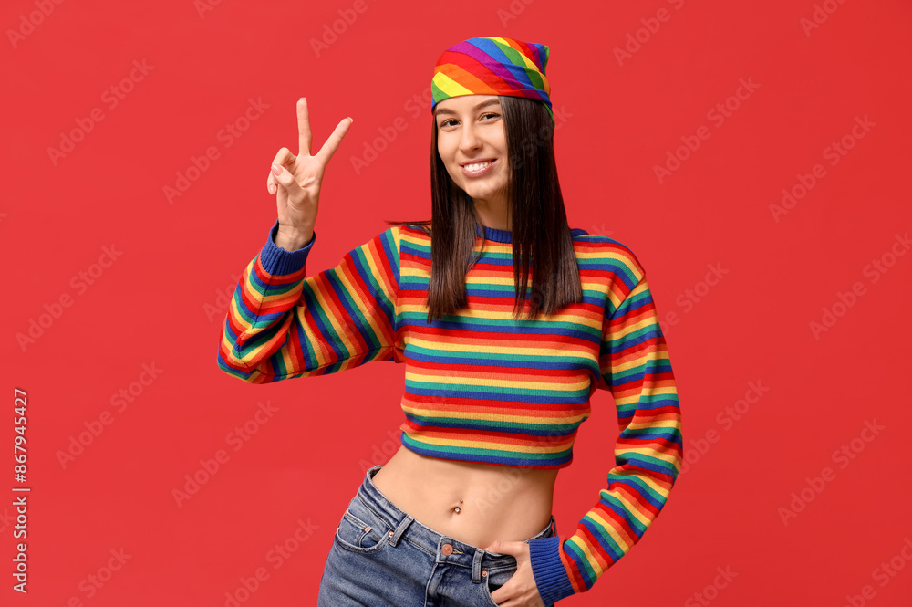 Fototapeta premium Beautiful young happy woman in rainbow sweater with piercing navel showing victory gesture on red background