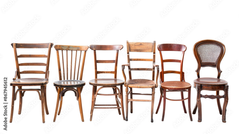 Fototapeta premium Wooden old chairs collection on transparent background