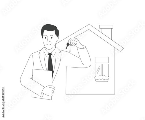 Man realtor holding keys to a house for sale and smiling. line vector illustration. Real estate agent standing near a building. Real estate transaction. Announcement about the sale and rental