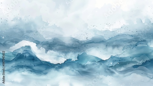 Winter ocean waves watercolor, white snow abstract background