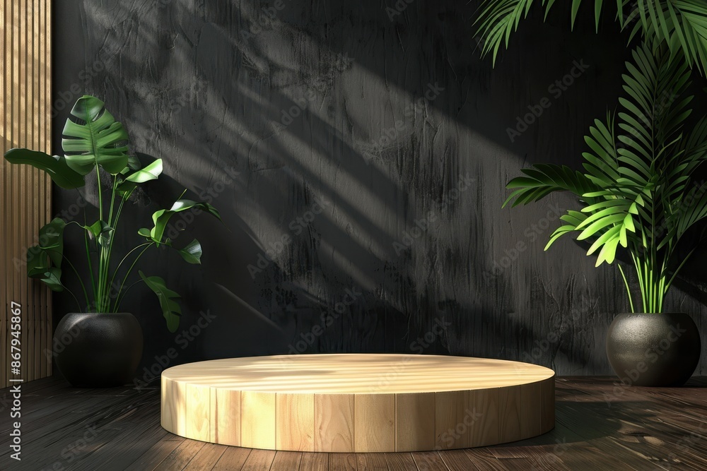 Fototapeta premium Minimalist wooden podium with tropical plants and dark wall for product display. Natural and eco-friendly showcase platform for cosmetics or beauty products.