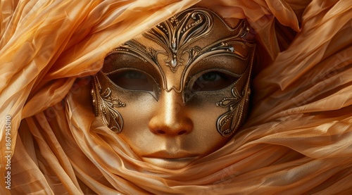 Golden Venetian Mask Wrapped in Peach Silk Fabric