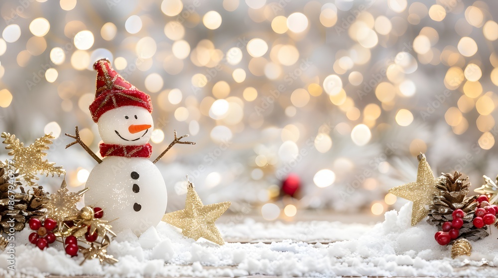 Winter background with Christmas toys in snow, snowflakes, with beautiful light and bokeh on blue sky in evening Winter background with Christmas toys in snow, snowflakes, with beautiful light and bokeh on blue sky in evening