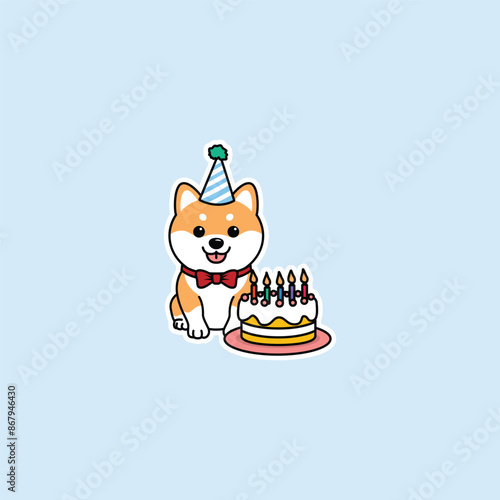 Cute shiba inu dog with birthday cake cartoon, vector illustration