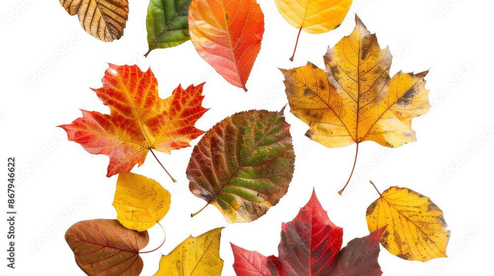 Obraz premium Collection of colored fallen autumn leaves on transparent background