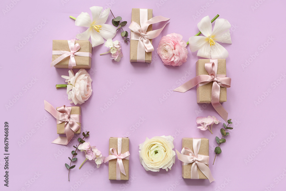 Frame made of wrapped gift boxes and flowers on pink background Frame made of wrapped gift boxes and flowers on pink background