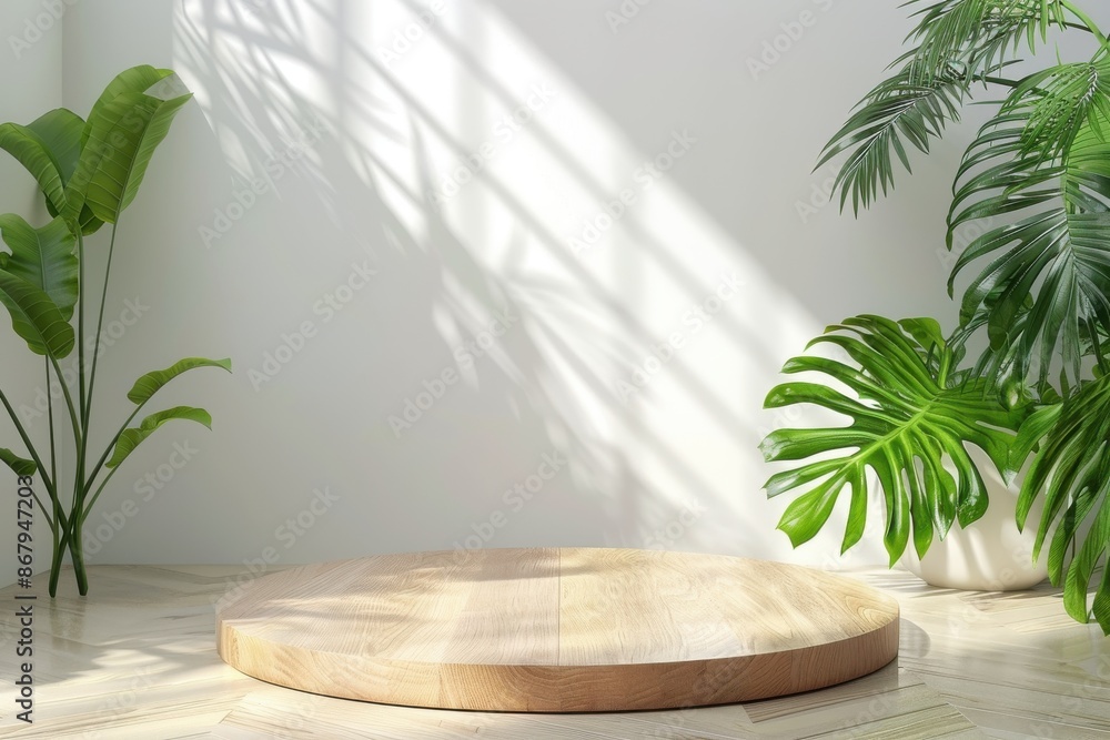 Empty round wooden podium for product display with sunlight and tropical plants in background. Mockup for cosmetic and beauty products. Concept of natural, organic, and sustainable living. Empty round wooden podium for product display with sunlight and tropical plants in background. Mockup for cosmetic and beauty products. Concept of natural, organic, and sustainable living.