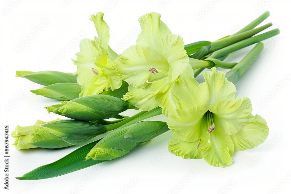 Obraz premium Green Gladiolus Isolated on White Background. Beautiful Gladiolus Flower