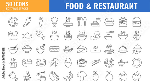 Food and restaurant line editable icon set. Containing meal, restaurant, dishes, fruits and more. Vector illustration
