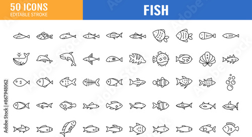 Fishes icons set. Fish icon. Line with editable stroke