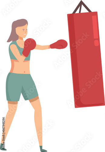 Female athlete is practicing her boxing moves, punching a heavy bag with focus and determination