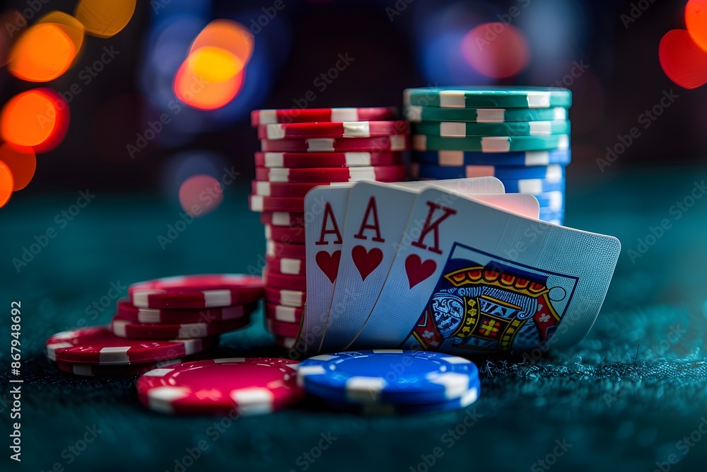 Close up shot of four aces and colorful stacks of chips on a dark background ideal for adding your text or images Represents gambling poker and casino themes Close up shot of four aces and colorful stacks of chips on a dark background ideal for adding your text or images Represents gambling poker and casino themes