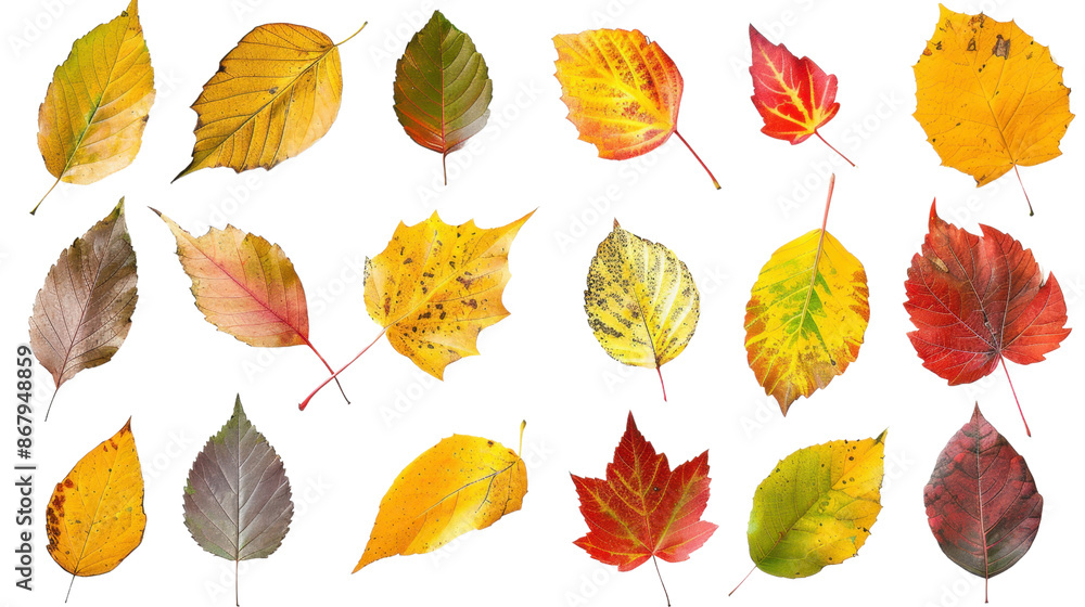 Obraz premium Collection of colored fallen autumn leaves on transparent background