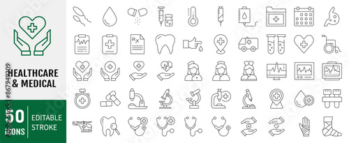 Medical editable stroke outline Icons set. Hospital, patient, medicine, pharmacy, nurse, prescription and medical report. Vector illustration