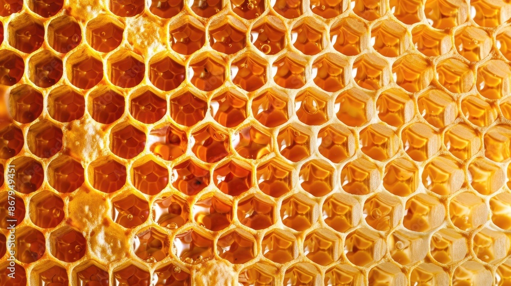 Close up of honeycomb with golden honey creating textured background pattern Close up of honeycomb with golden honey creating textured background pattern