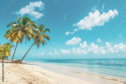 Tropical beach paradise with palm trees, white sand and blue water under sunny sky. Concept of vacation, travel and summer holidays.