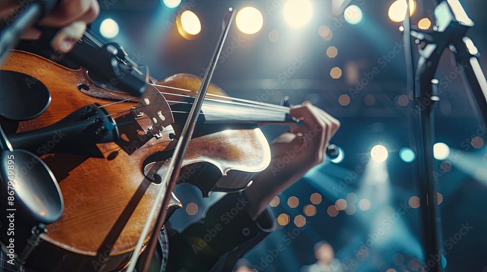 Fototapeta premium Talented musician performing a violin solo on stage at a concert. Experienced violinist showcasing musical artistry in a live performance,