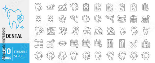 Dental icon set. Containing tooth, toothpaste, toothbrush, teeth, implant and dentistry icons. Dental icon collection. Vector illustration.