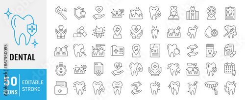 Dental icon set. Containing tooth, toothpaste, toothbrush, teeth, implant and dentistry icons. Dental icon collection. Vector illustration.