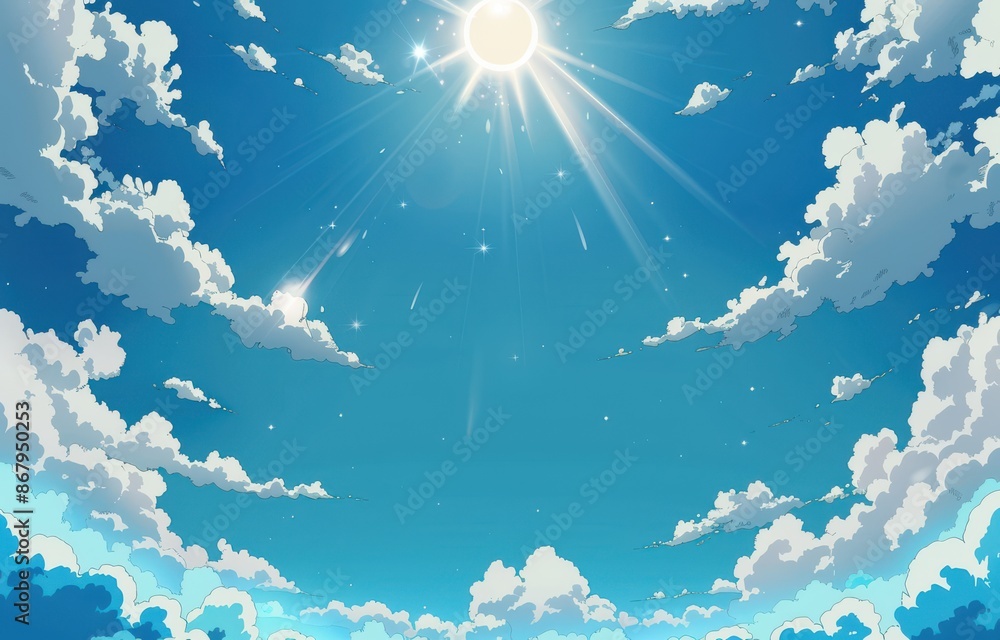 Vibrant anime style illustration of a bright blue sky with fluffy white clouds and shining sun. Ideal for backgrounds, wallpapers, and summer themes.