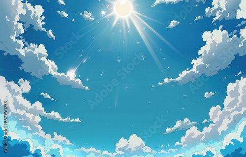 Obraz na płótnie Vibrant anime style illustration of a bright blue sky with fluffy white clouds and shining sun. Ideal for backgrounds, wallpapers, and summer themes. w salonie
