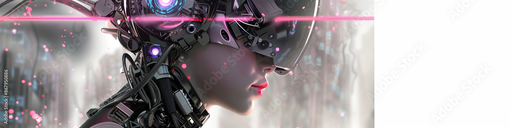 Obraz premium Side profile of a person with cybernetic enhancements and a pink laser beam. 