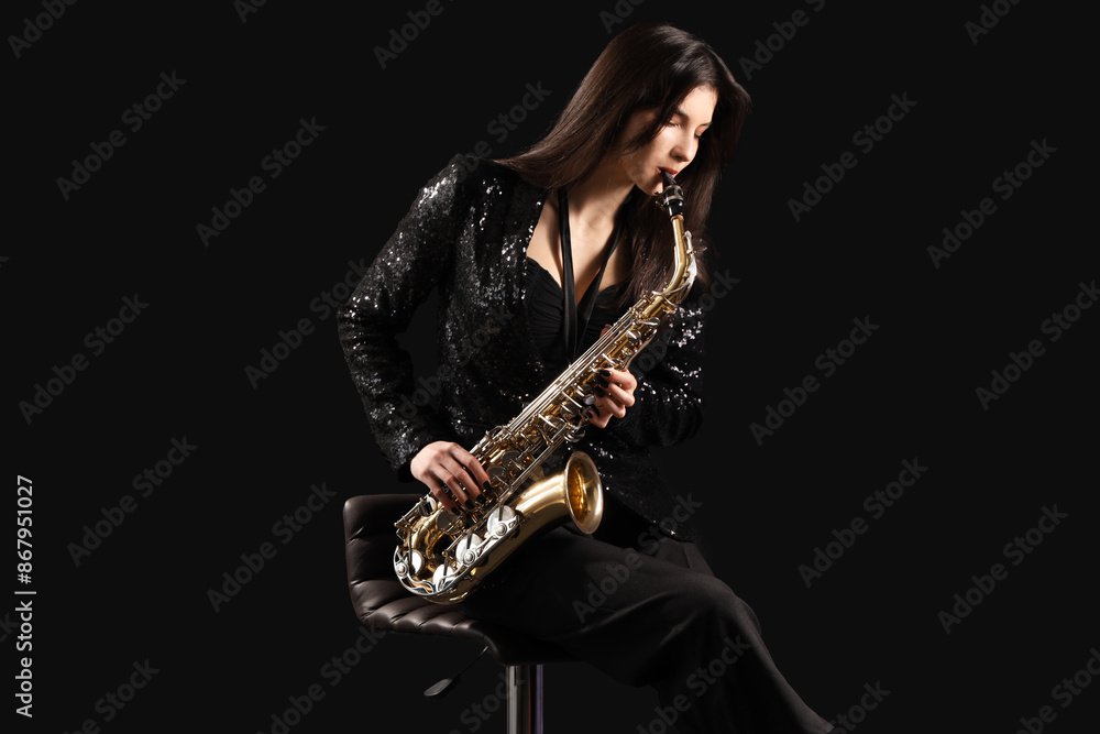 Naklejka premium Beautiful young woman playing saxophone on dark background
