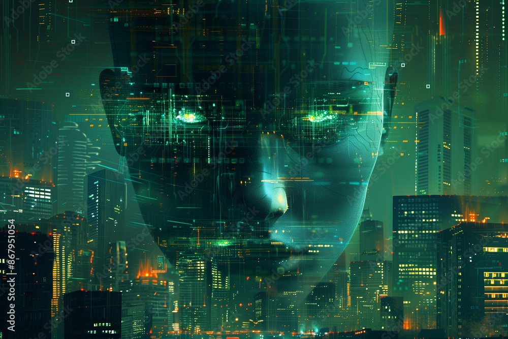 Naklejka premium Digital face with cityscape background and green holographic elements.