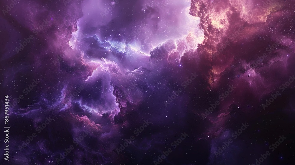 A close-up of a vast, colorful nebula with swirling clouds of purple and pink gas and scattered stars. Generative AI