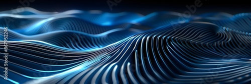 Blue parallel curved lines on a black background represent the abstract background