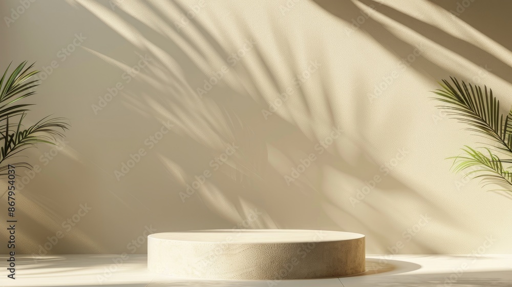 Minimalistic product display podium with tropical plant shadows on beige background. Empty pedestal for cosmetics, beauty products, or branding. Concept of natural, organic, and sustainable products. Minimalistic product display podium with tropical plant shadows on beige background. Empty pedestal for cosmetics, beauty products, or branding. Concept of natural, organic, and sustainable products.