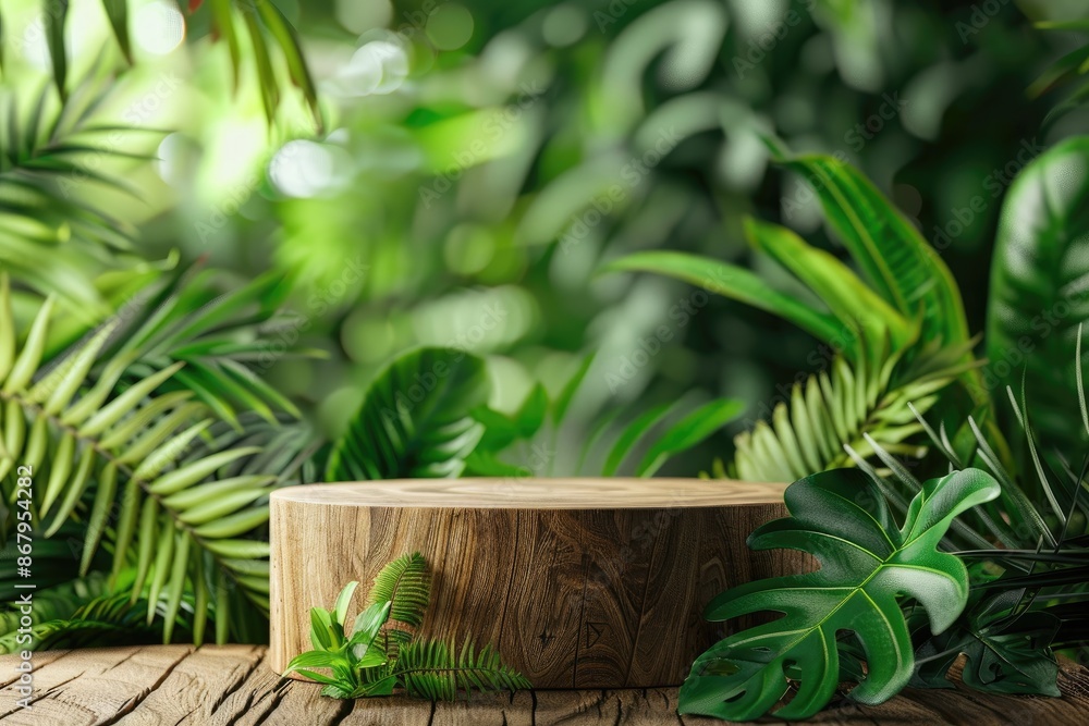 Empty wooden podium with lush tropical plants for product placement. Natural, sustainable, and organic product display platform. Empty wooden podium with lush tropical plants for product placement. Natural, sustainable, and organic product display platform.