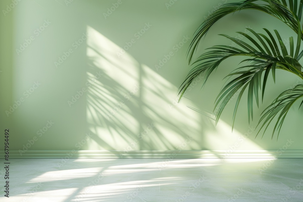 Sunlight streams into a minimalist green room with a tropical palm, casting shadows on the wall. Empty space for design elements or product placement. Sunlight streams into a minimalist green room with a tropical palm, casting shadows on the wall. Empty space for design elements or product placement.