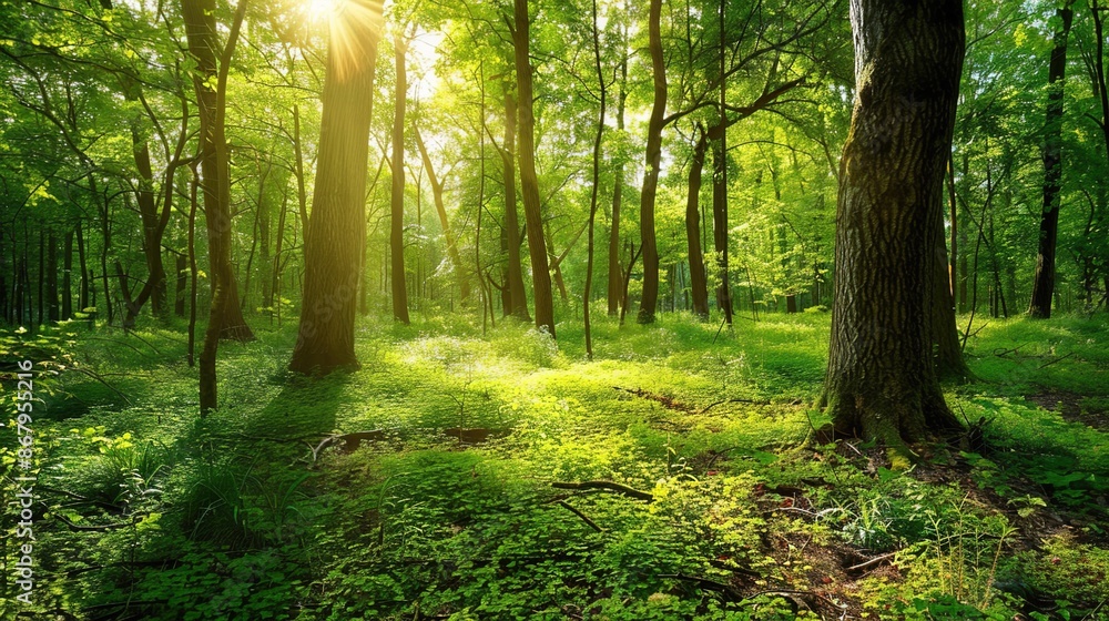 Naklejka premium Enchanted Forest Bliss: Sunlit Green Canopy for Nature Lovers