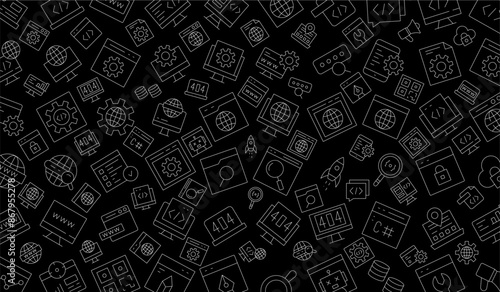 Software development seamless pattern with line icons. Programming language background, application, computer program develop vector illustration. Outline wallpaper for website design.