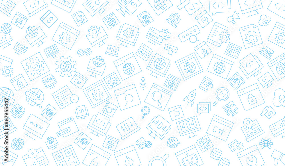 Software development seamless pattern with line icons. Programming language background, application, computer program develop vector illustration. Outline wallpaper for website design. Software development seamless pattern with line icons. Programming language background, application, computer program develop vector illustration. Outline wallpaper for website design.